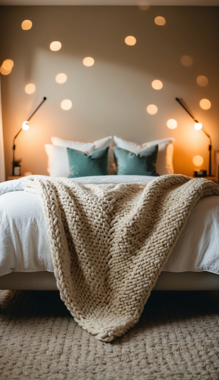 A chunky knit blanket drapes over a bed in a cozy bedroom, surrounded by warm lighting and soft textures