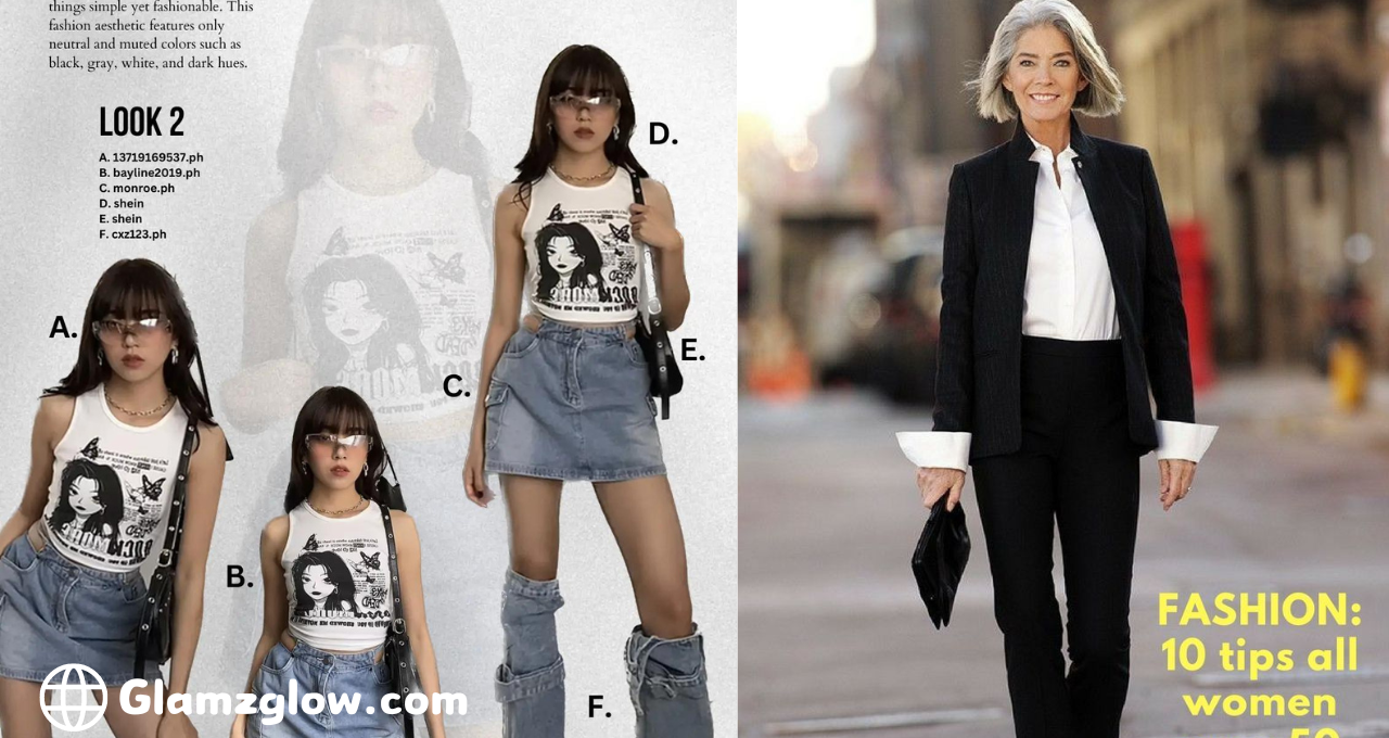 On the left, several young women are shown modeling different variations of a casual outfit featuring a white graphic tank top with a black and white illustration, paired with denim skirts and accessorized with sunglasses and bags. Each look is labeled with different letters. On the right, an older woman confidently walks down the street wearing a sophisticated black blazer and pants paired with a white shirt, exemplifying timeless and elegant fashion for women over 50. The text on the image reads 'FASHION: 10 tips all women over 50 should know.' The image features the website Glamzglow.com.