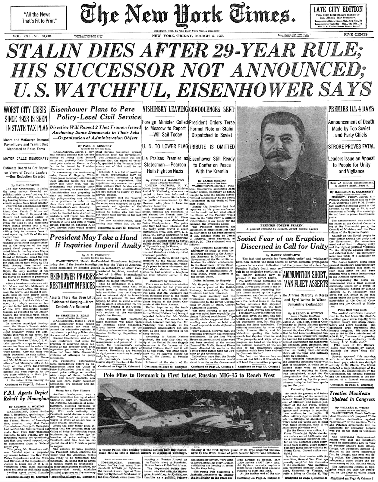 Friday, March 6, 1953 – The New York Times Front Page