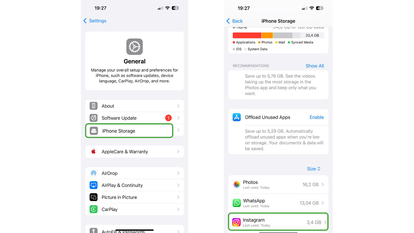 (On the left) Screenshot of the settings interface on iOS 18 highlighting the iPhone storage button; (On the right) Screenshot of the iPhone storage settings interface on iOS 18 highlighting the Instagram app