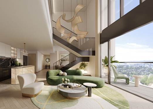 A living room with a staircase and a couch    AI-generated content may be incorrect.