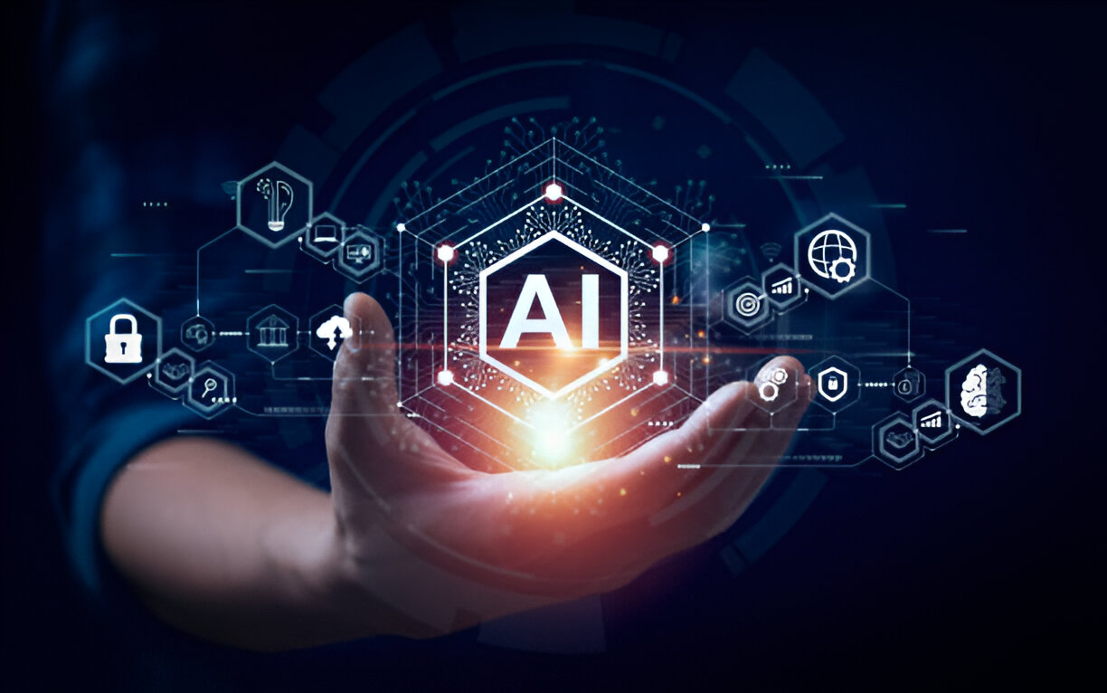 Hand holding a digital interface with AI icon and connected symbols, illustrating the benefits of AI in financial forecasting.