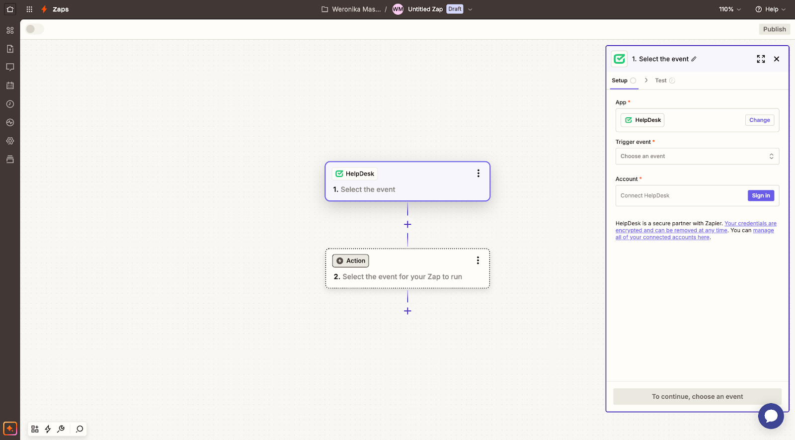 Selecting HelpDesk as a trigger in Zapier – HelpDesk.