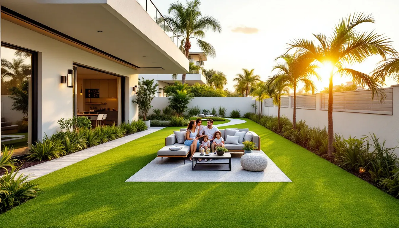 A family enjoying their artificial turf lawn, highlighting the benefits of synthetic grass.