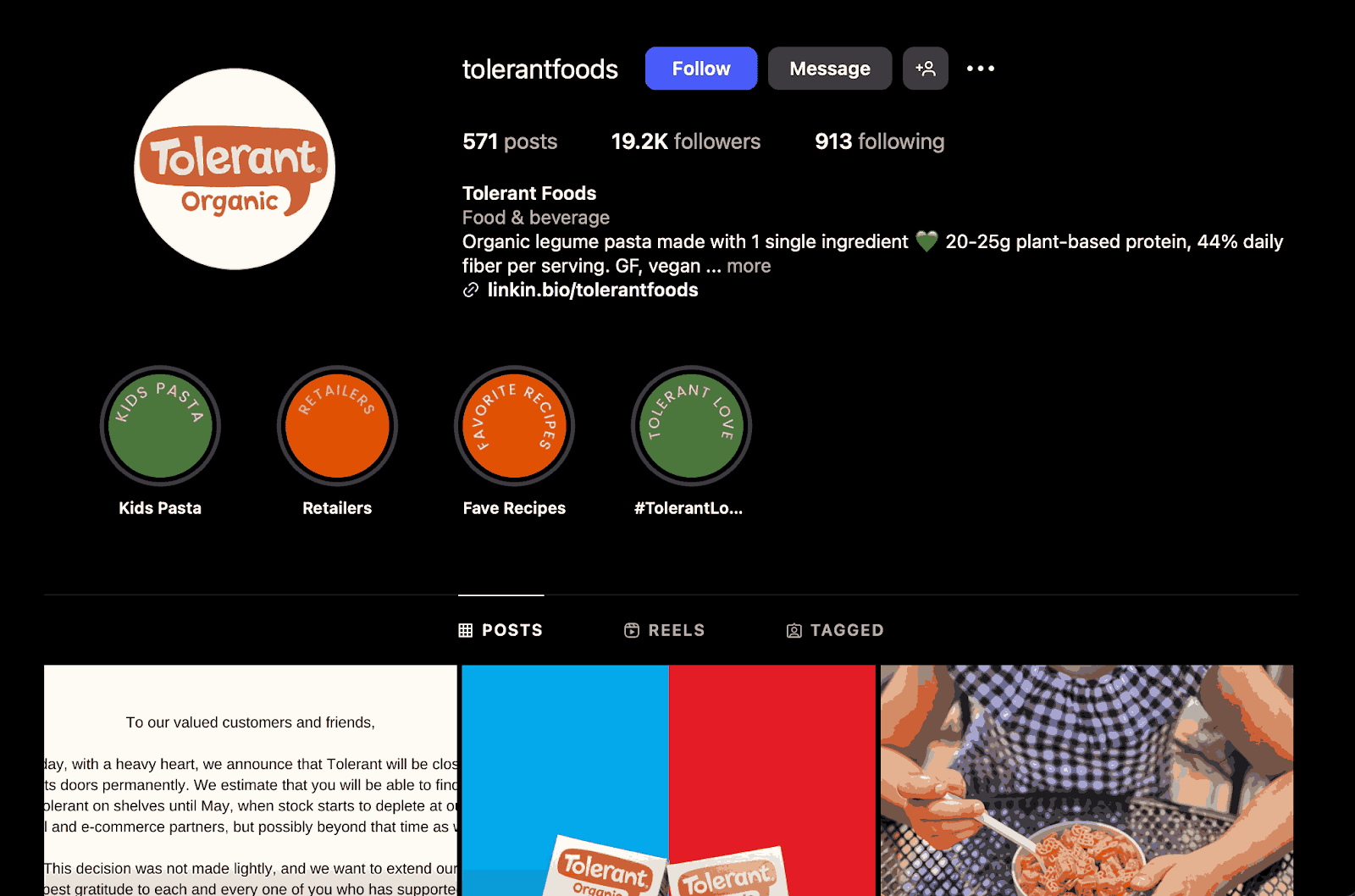 A screenshot of Tolerant Organic homepage 