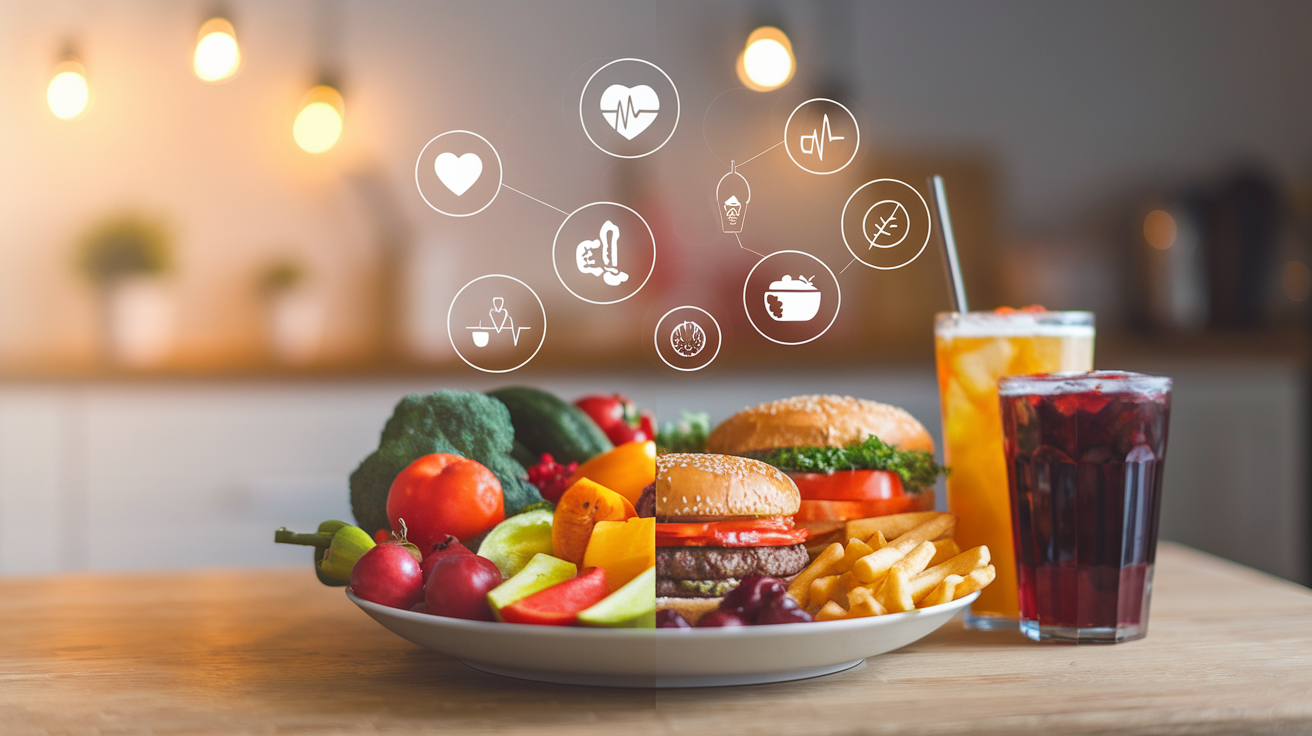 Create a realistic image of a plate divided into two halves: one side filled with colorful, fresh vegetables and fruits, and the other side with processed foods like burgers, fries, and sugary drinks. Above the plate, floating medical icons represent various health issues such as heart disease, diabetes, and inflammation. The background is a soft, blurred kitchen setting with warm lighting to emphasize the importance of dietary choices.