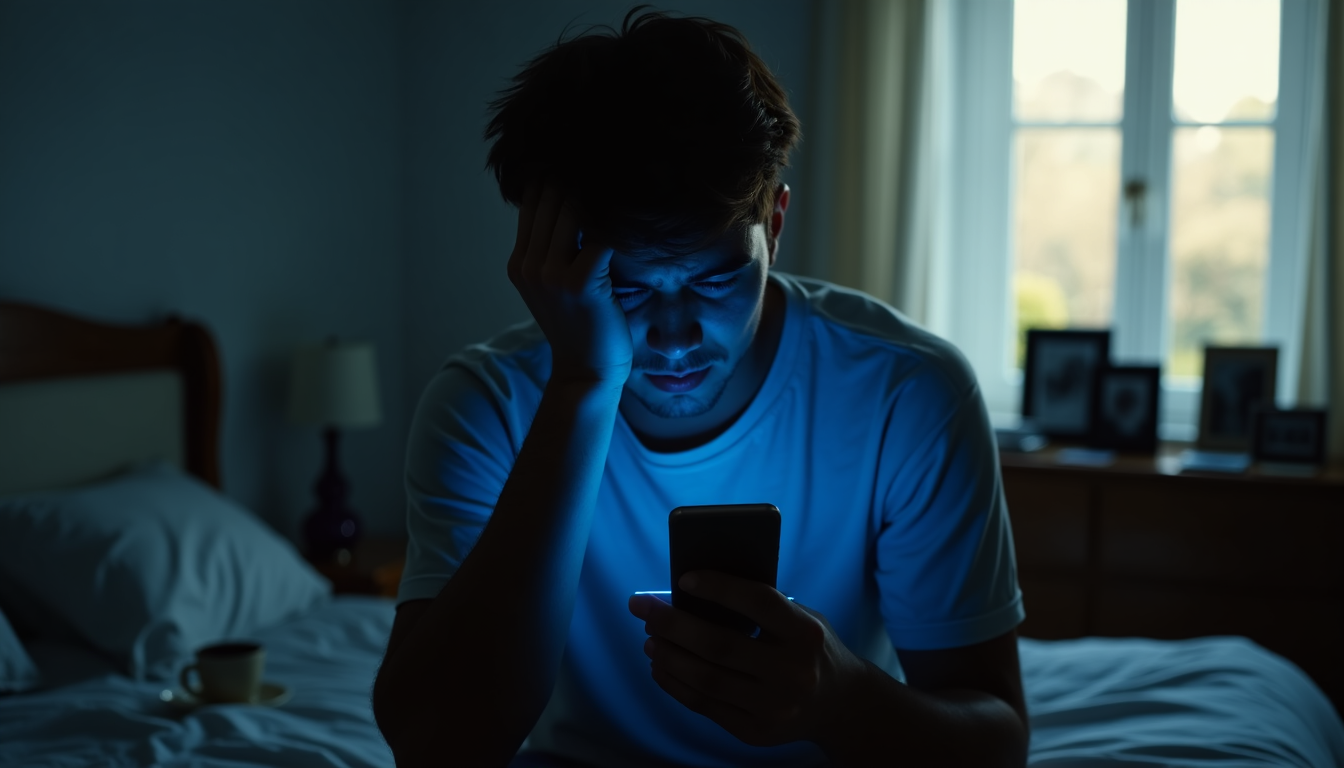 A man sitting alone in a dimly lit room, staring at his phone with a conflicted expression, symbolizing the emotional weight of social media stalking