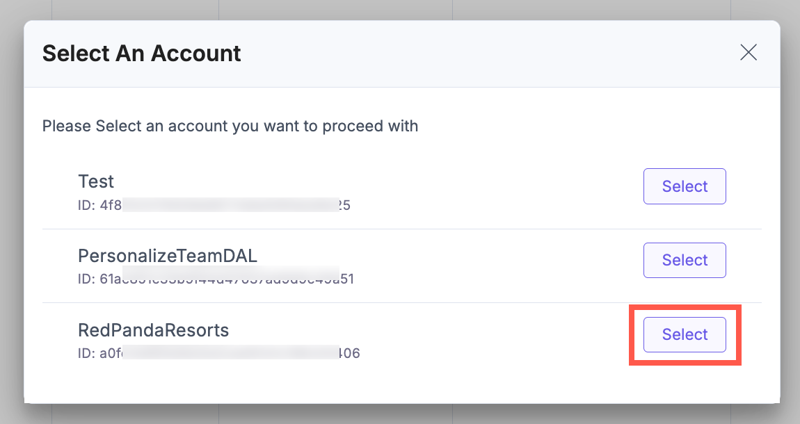 Account selection screen with the 