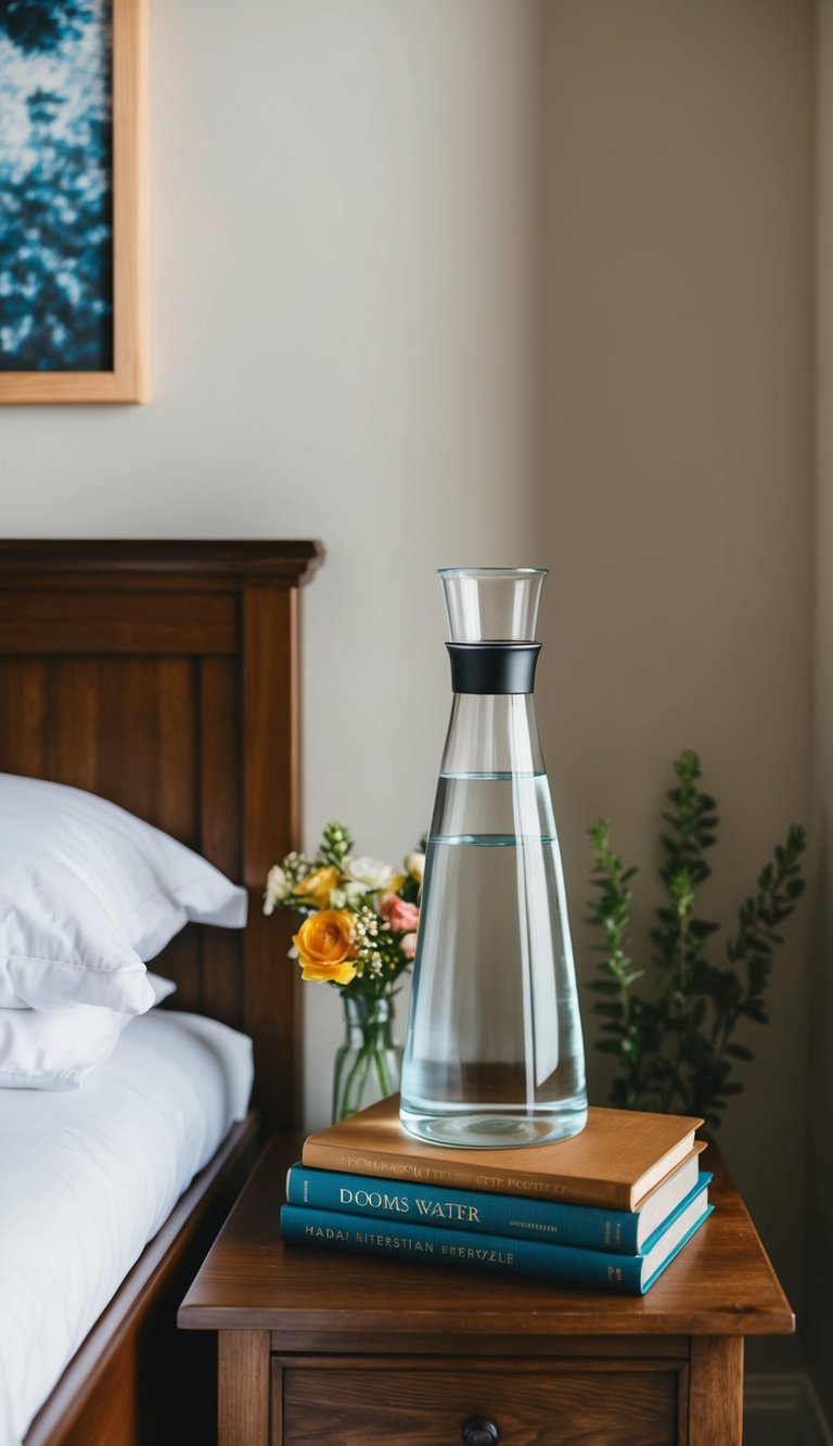 A bedside water carafe sits on a wooden nightstand next to a stack of books and a small vase of flowers in a cozy guest bedroom