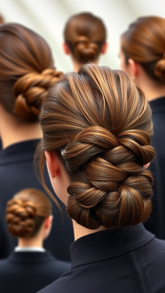 A collection of sophisticated chignon hairstyles for cabin crew, showcasing different braided updos.