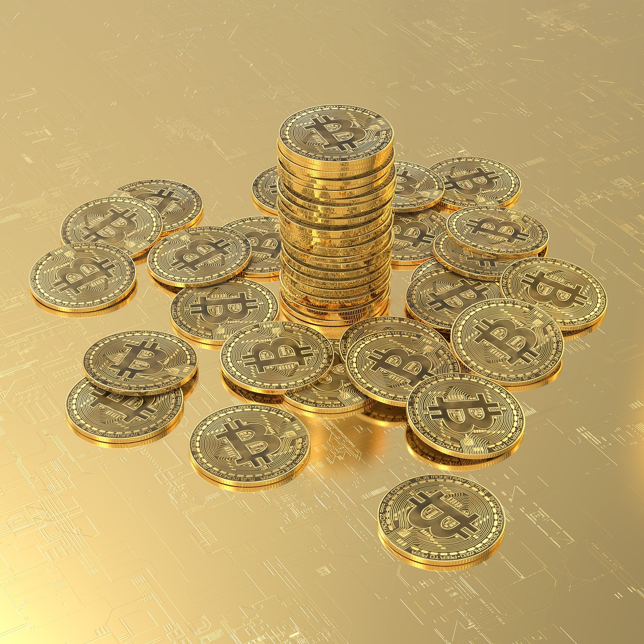 Gold physical bitcoin scattered on a gold background 