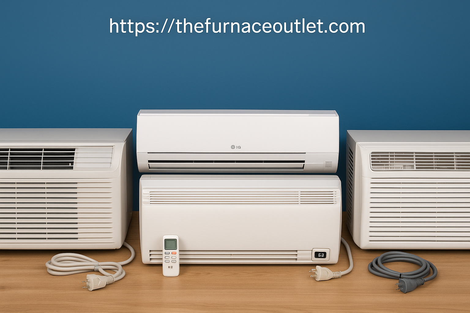 A digital photograph showcases three air conditioning units—including a PTAC, a mini-split, and a window unit—set against a wooden surface and blue background with thefurnaceoutlet.com displayed above, along with visible cords and a remote control.