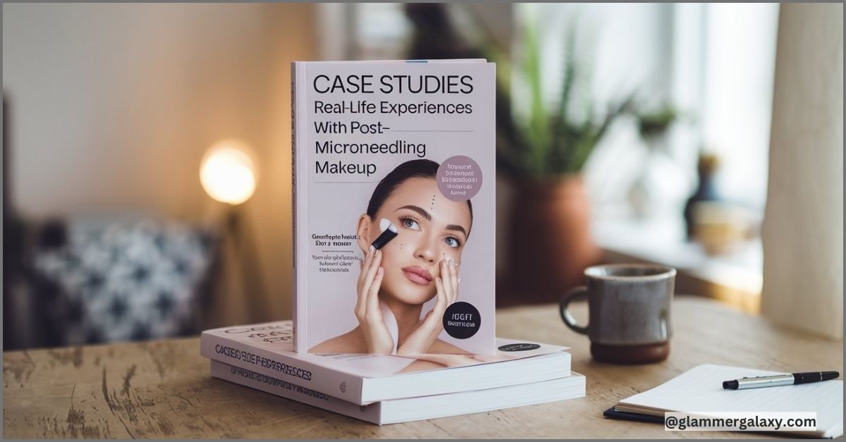 A book titled “CASE STUDIES Real-Life Experiences with Microneedling Makeup” on a table with a mug and pen.