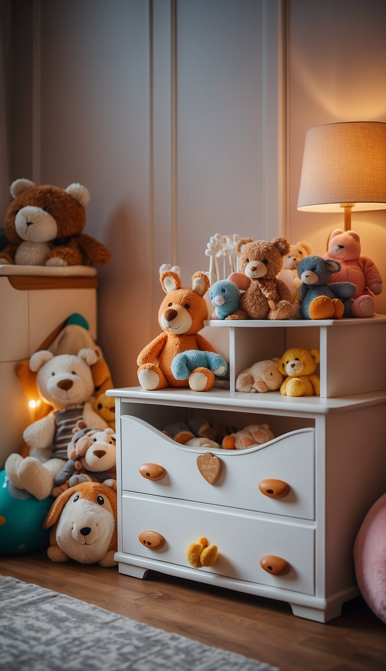 A personalized toy box sits in a luxurious kids' bedroom, surrounded by colorful toys and plush animals. The room is filled with soft lighting and elegant decor