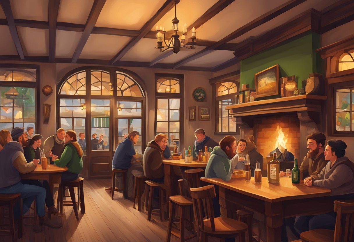 A cozy Irish pub filled with wooden tables, a crackling fireplace, and locals enjoying traditional cuisine and live music
