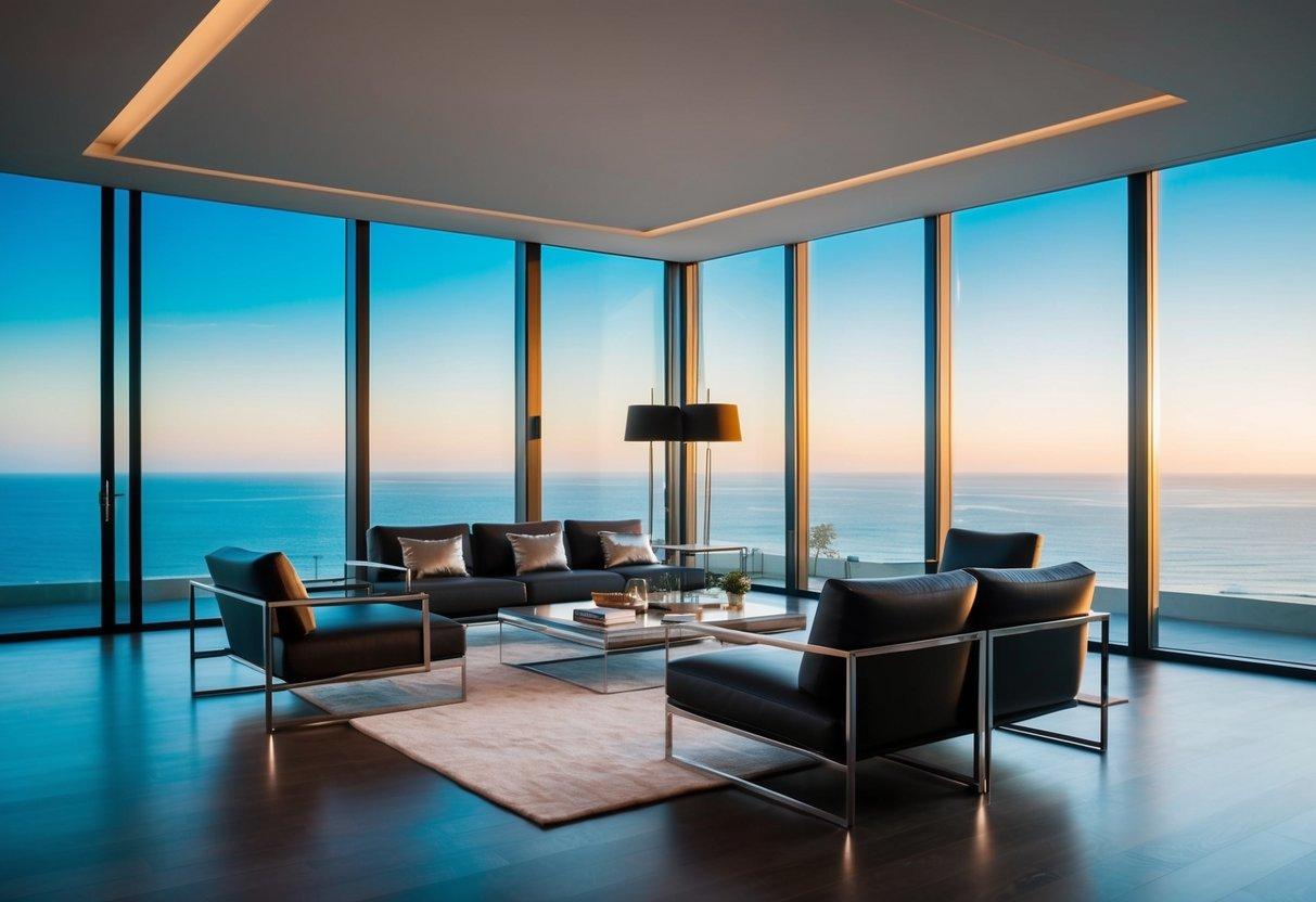 A modern living room with sleek furniture, metallic accents, and floor-to-ceiling windows overlooking the ocean