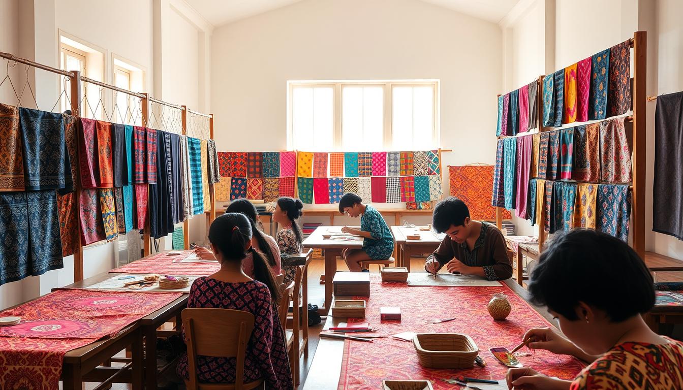 A bright, airy batik workshop filled with intricate patterns and vibrant colors. In the foreground, a group of students intently focused on their work, delicately applying wax to fabric using traditional tools. The middle ground showcases an array of colorful batik samples hanging from wooden racks, each one a unique masterpiece. In the background, large windows allow natural light to flood the space, casting a warm, inviting glow over the scene. The atmosphere is one of concentration and creativity, as the students learn the time-honored techniques of this captivating Malaysian art form.