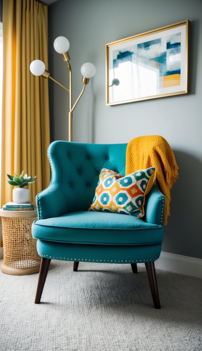 A statement chair stands in a stylishly decorated guest bedroom, adding a pop of color and personality to the space