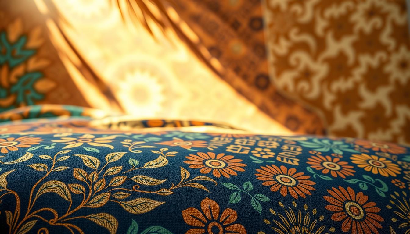 A vibrant array of traditional Malaysian batik patterns and motifs, rendered in a harmonious composition. The foreground showcases an intricate floral batik design, with delicate organic shapes and a rich color palette of blues, greens, and golds. In the middle ground, bold geometric batik patterns in muted earth tones create a sense of depth and texture. The background features a softer, abstract batik-inspired pattern, suggesting the expansive beauty of Malaysian textile art. Warm, natural lighting casts a golden glow, evoking the tropical ambiance. The overall image conveys the captivating design inspirations that define authentic Malaysian batik bedding.