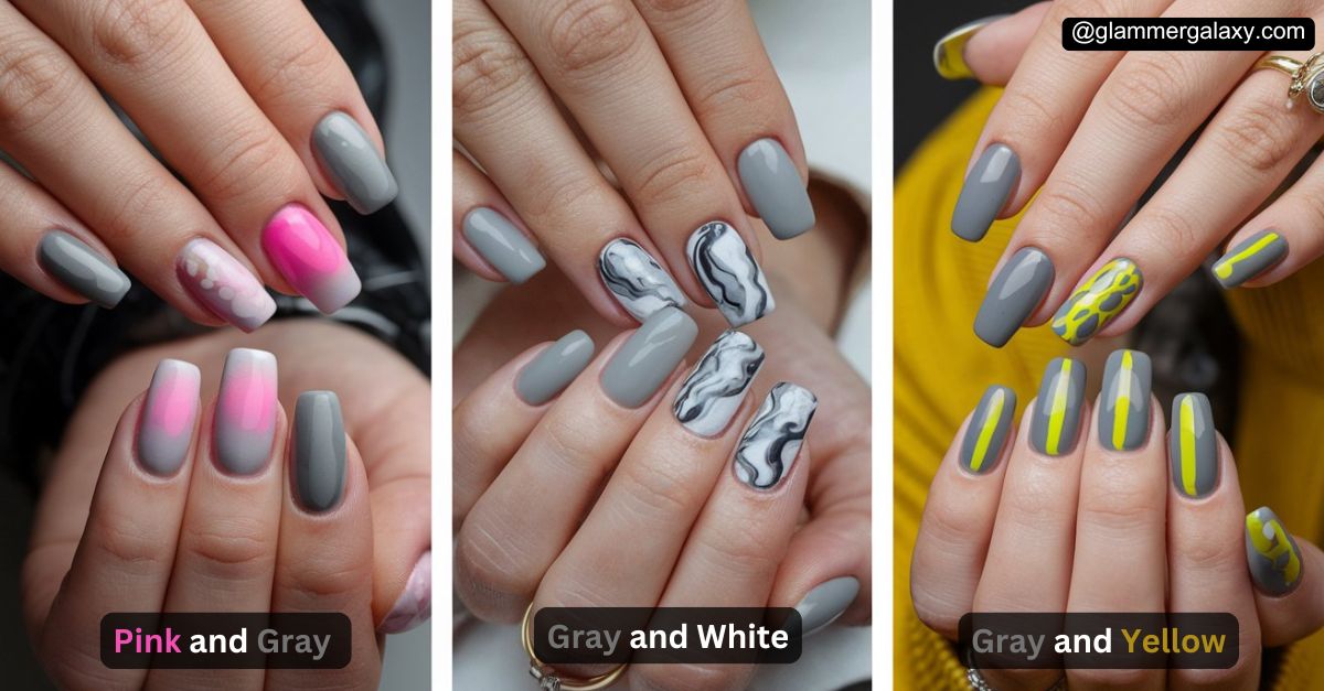 Three sets of painted nails in pink, gray, white, and yellow with various designs.