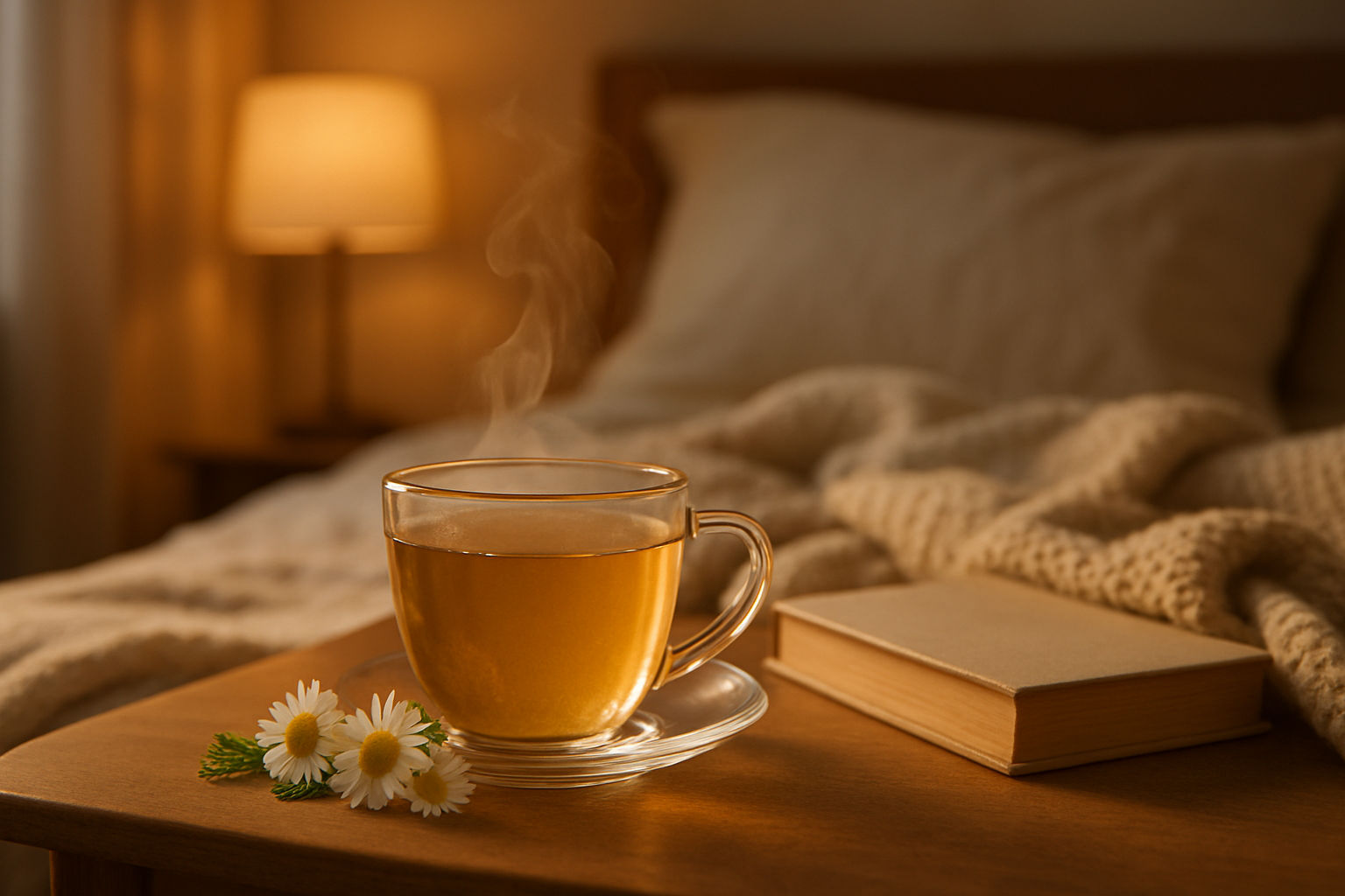 A photorealistic shot capturing a steaming cup of herbal tea on a bedside table in a warmly lit bedroom, featuring chamomile flowers, a soft blanket, and a book, evoking a sense of relaxation and tranquility to promote sleep.