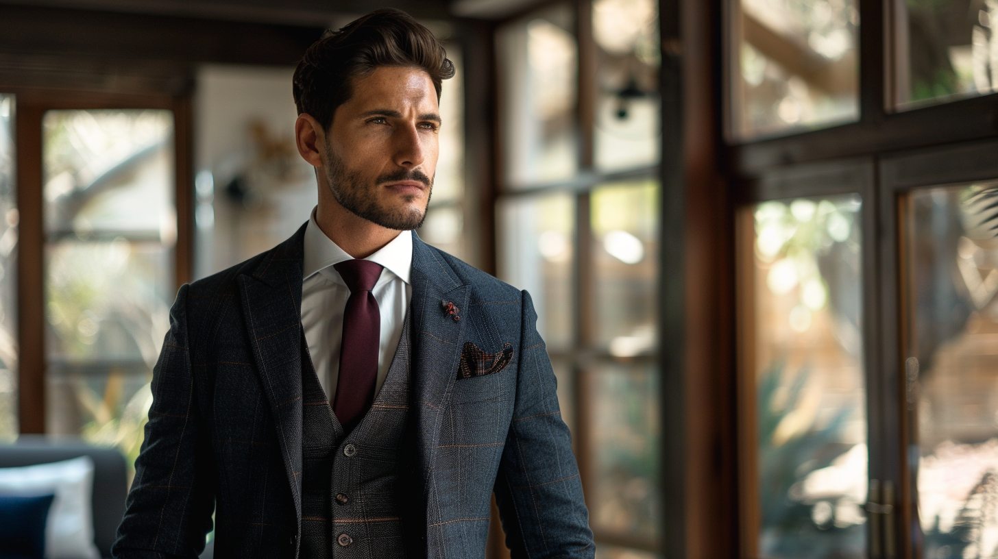A man in a three-piece suit with a matching vest, sharp and formal style, suited for a wedding or formal business event, posed confidently indoors with elegant decor or in soft natural light outdoors