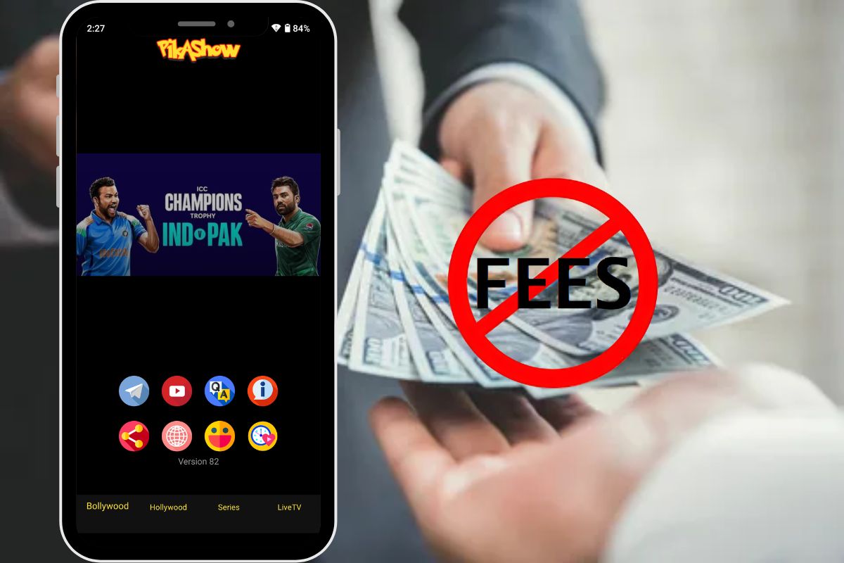 Pikashow APK app on smartphone with a “No Fees” symbol, showing free access to Bollywood, Hollywood, series, and live TV without any costs.