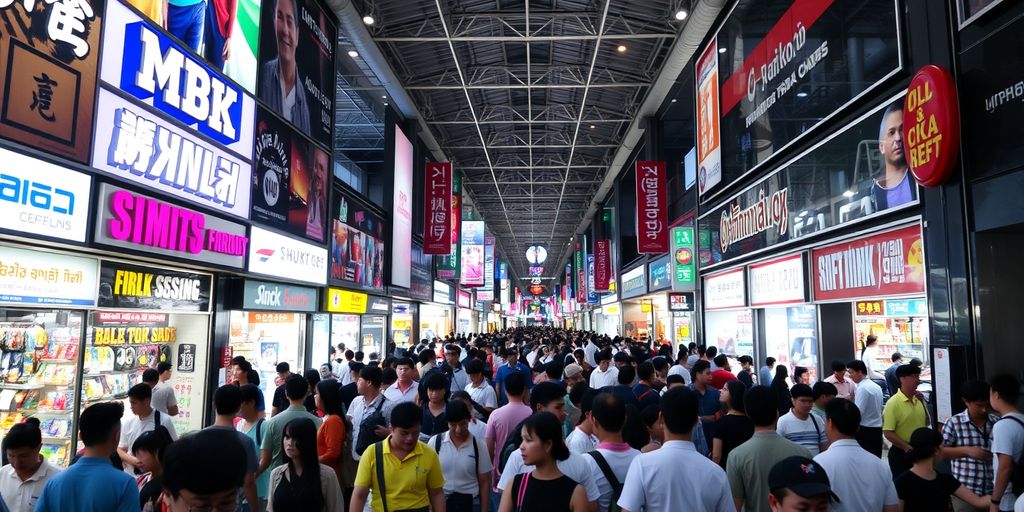 Crowded MBK Center with various shops and storefronts