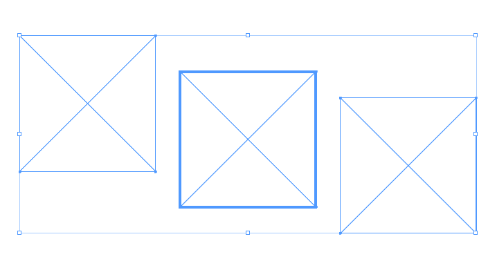 Image of three squares side by side in a selection box. Each square has a X in it, reaching to all four corners. The middle box has a thicker blue border than the other two squares.