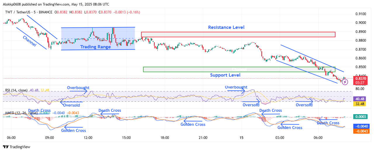 TWT/USDT M5 Chart, Analyzed by Alokkp0608, published on May 15th, 2025.