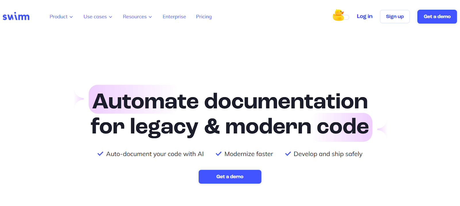 Screenshot of Swimm homepage