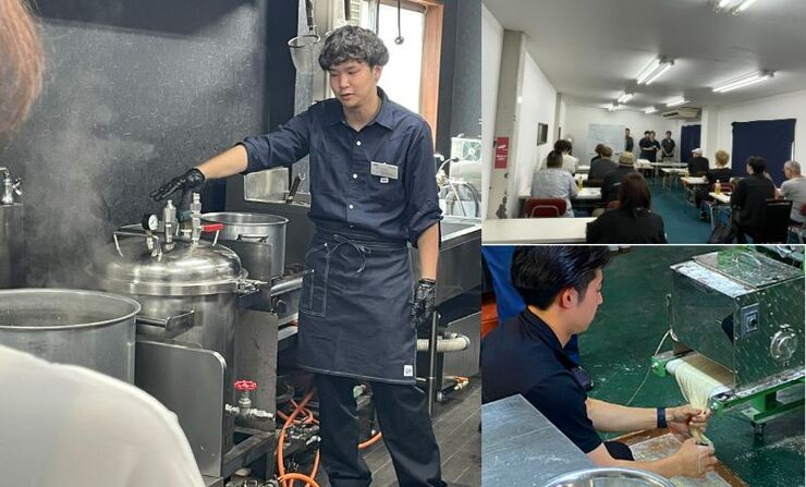 男性が厨房で調理し、別の場所で人々が講義を受けている様子。右下には麺を製麺機に通す男性の手元が写っている。﻿