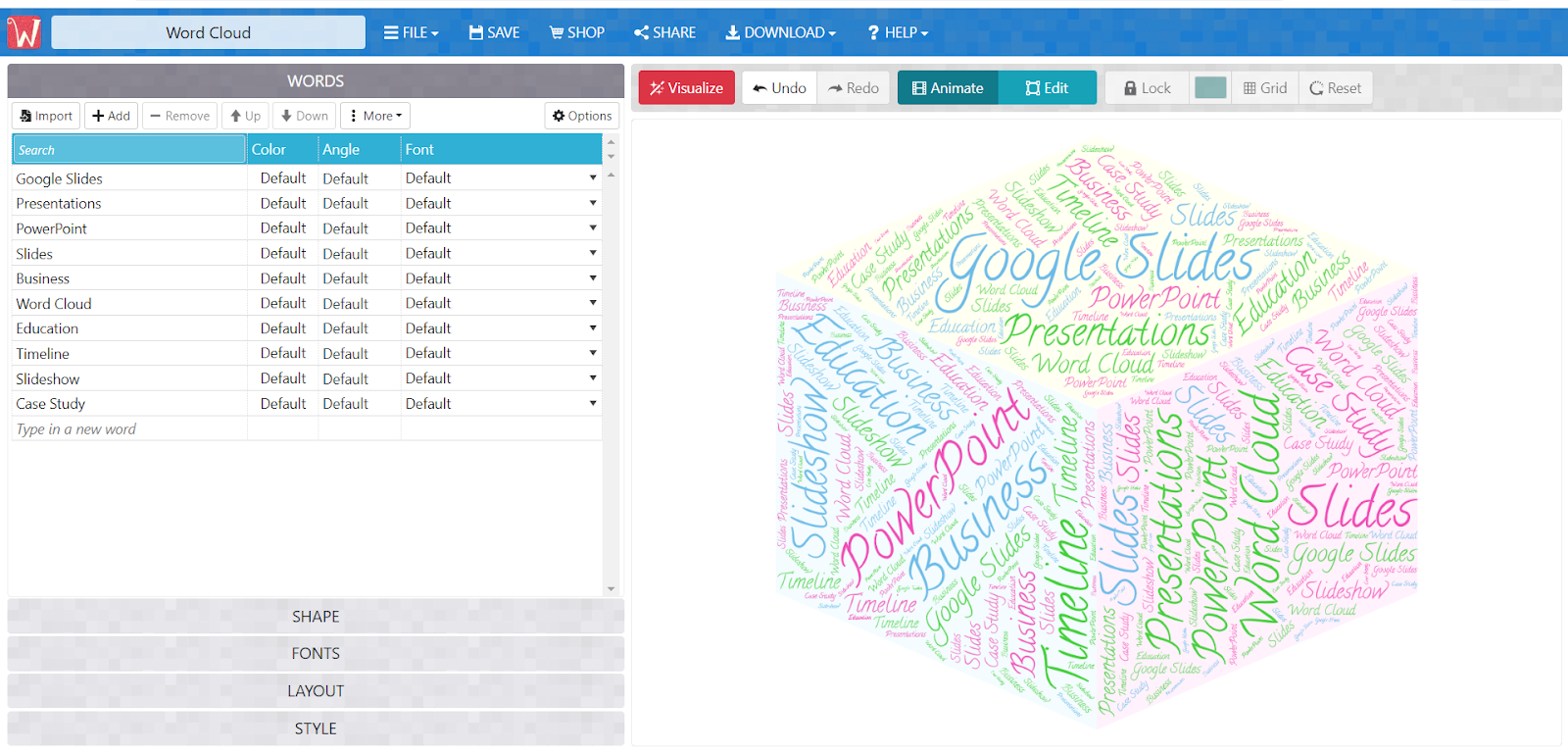 Word Cloud Generator with a word cloud. Displaying multicolor text and options like Visualize, Animate, Edit, etc.