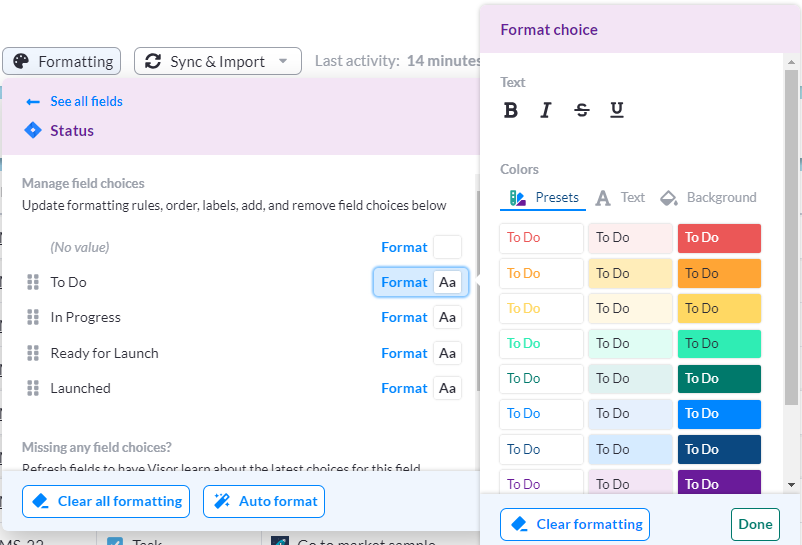 Formatting menu is open with color formatting choices visible.