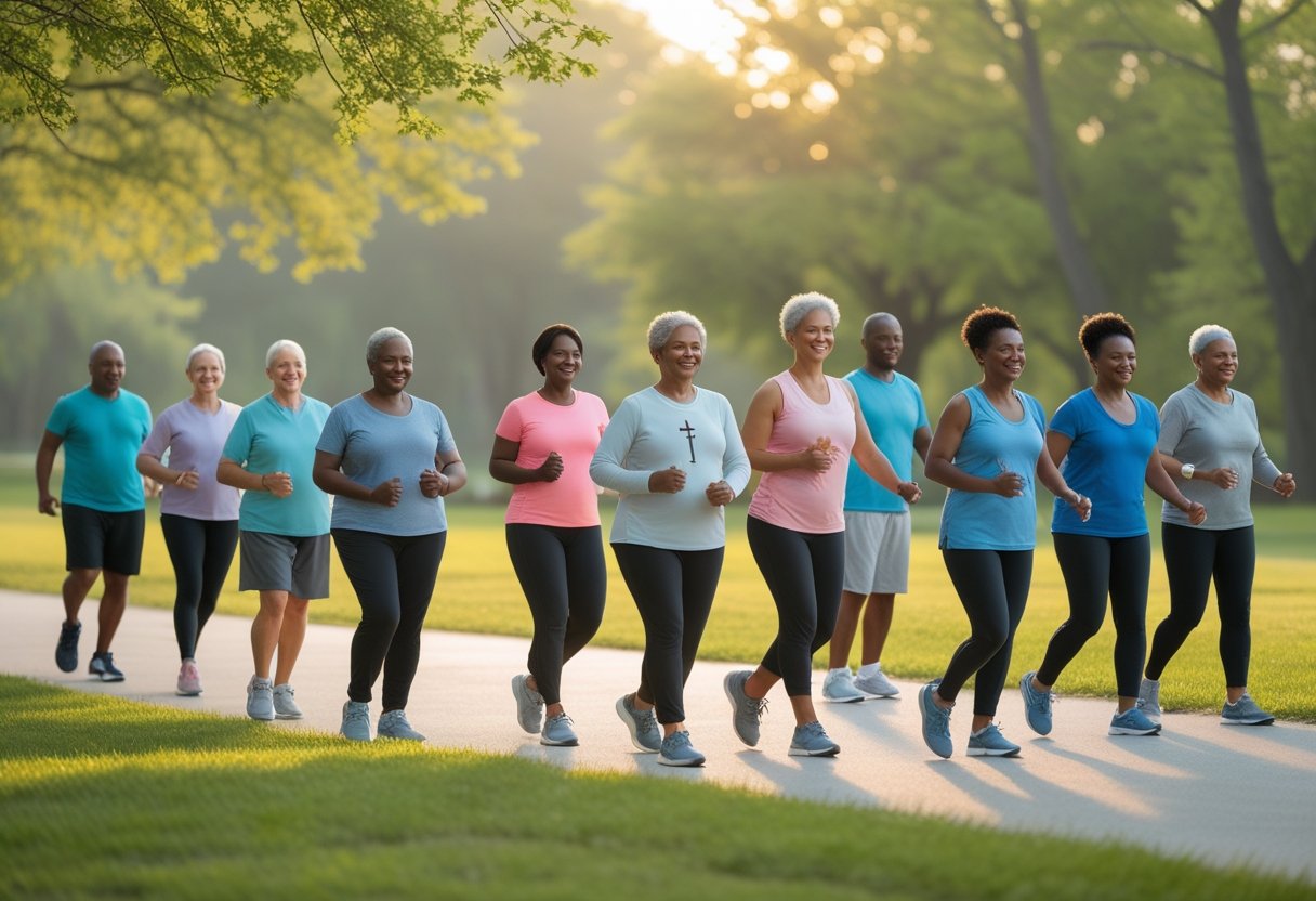 A diverse group of people exercising gently outdoors in a park with sunlight filtering through trees, symbolizing faith and support.