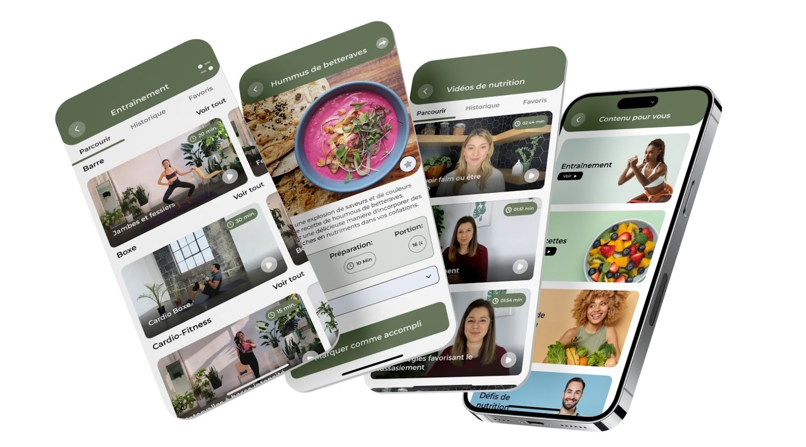 Application mobile de nutrition et fitness montrant des écrans avec des vidéos d'entraînement, des recettes saines de nutritionnistes-diététistes comme le houmous de betteraves, et des conseils nutritionnels donnés par des experts. 