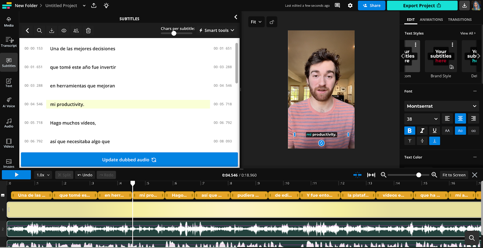 To the left is the transcript of the dub. At the bottom of the transcript is now a blue button that says "Update dubbed audio."