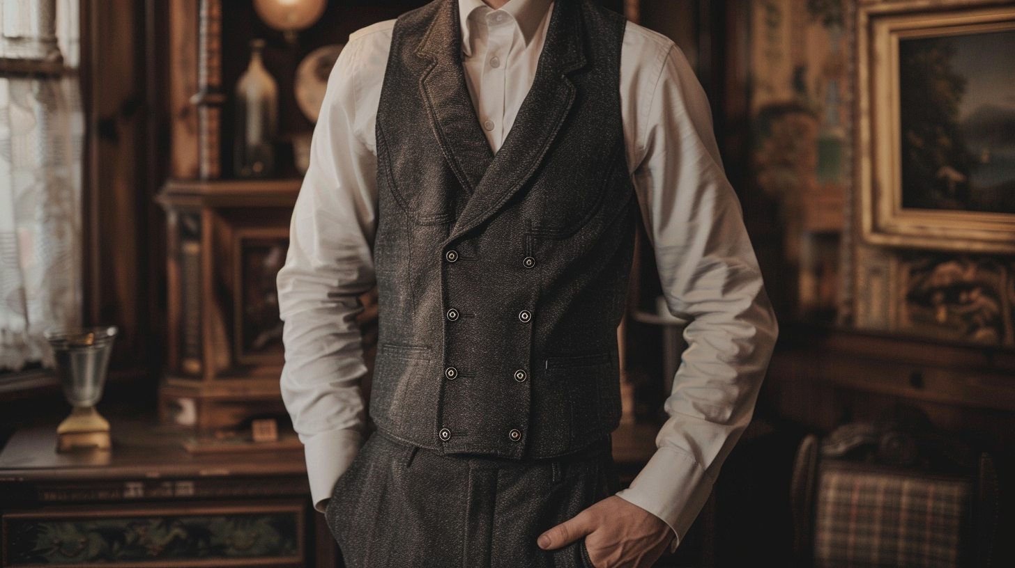 A man wearing a formal double-breasted vest with two rows of buttons and overlapping front, styled with a dress shirt and formal trousers, vintage-inspired fashion vibe, moody lighting, upscale setting