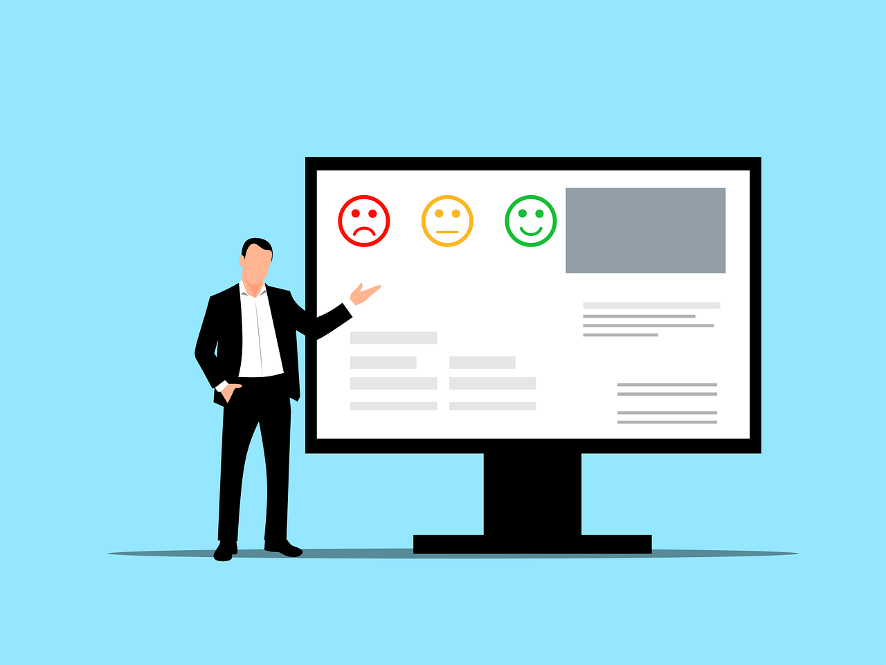 A digital image of a man standing next to a large screen displaying feedback icons: a sad face, a neutral face, and a happy face.