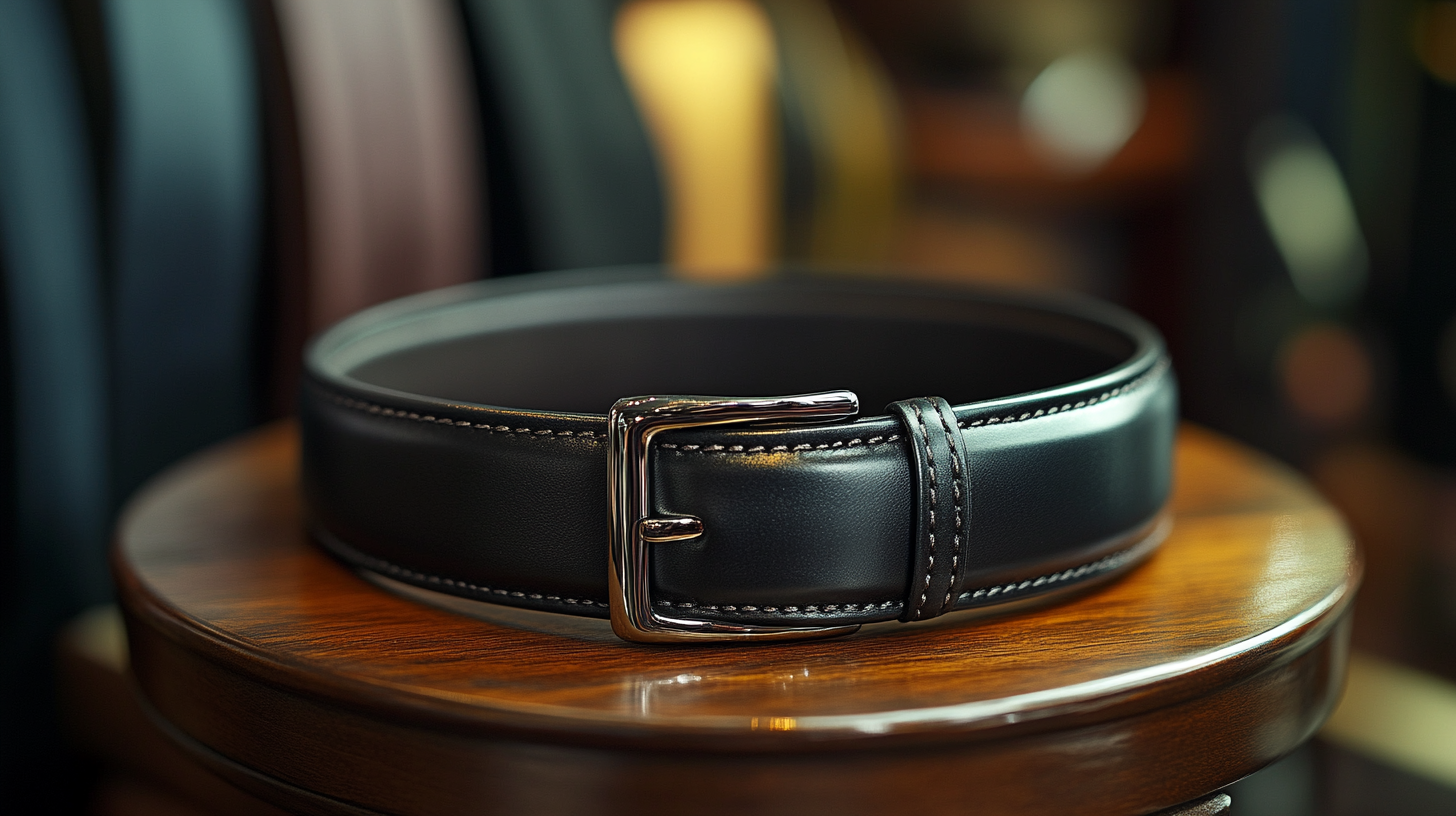 A sleek black leather belt with a polished silver buckle, elegantly displayed on a dark wooden tray, ready to complement a refined suit ensemble.