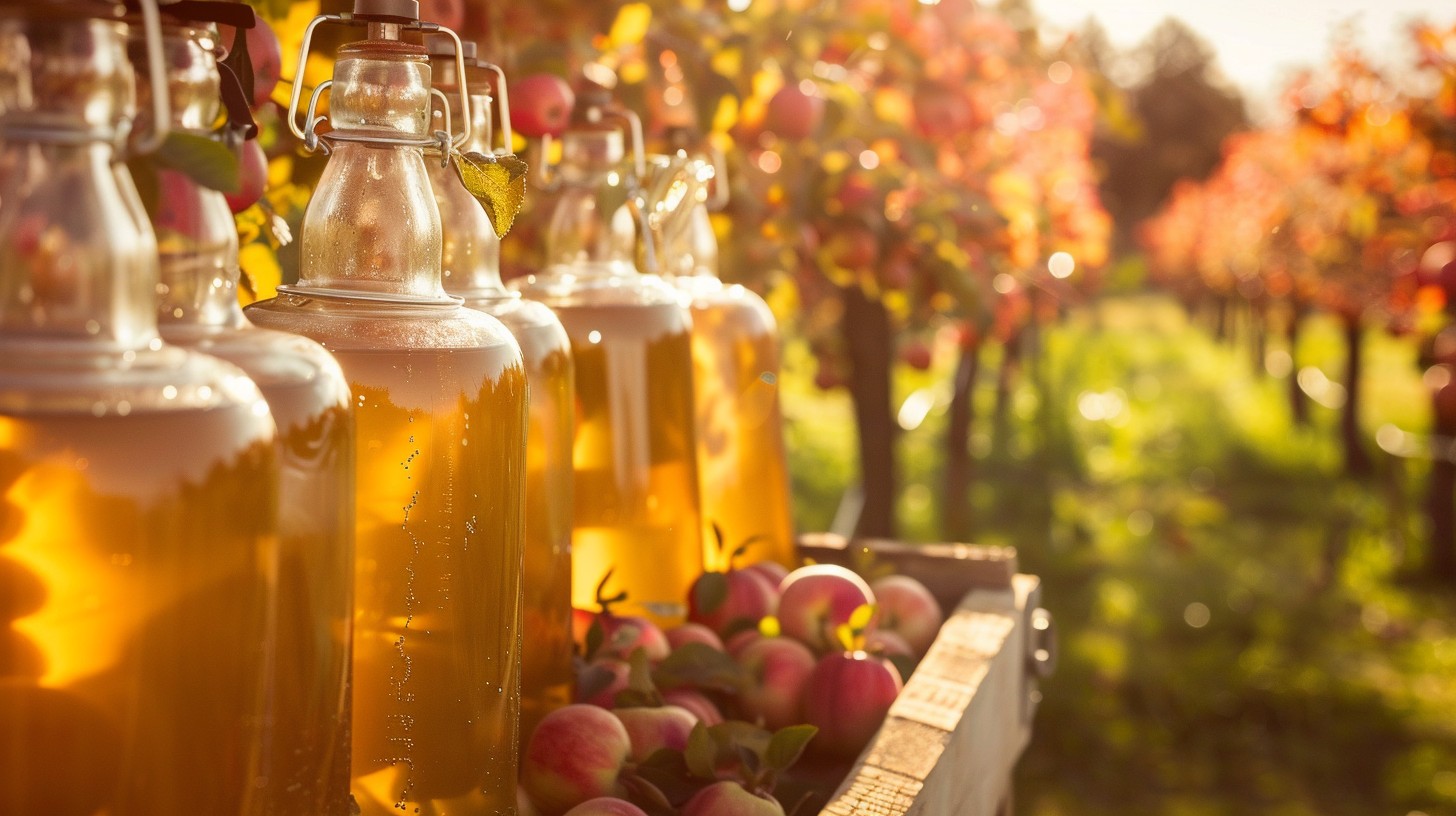 bottles of apple cider vinegar at dusk