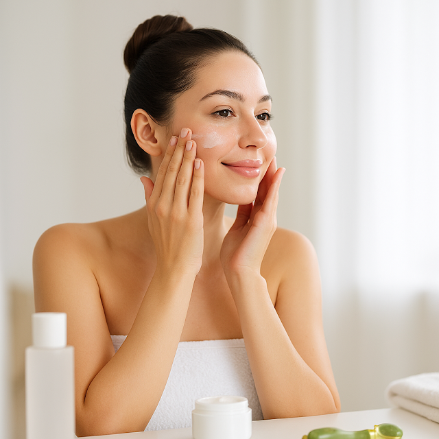 “Using face mist for dewy glow” “Applying SPF for radiant skin”
