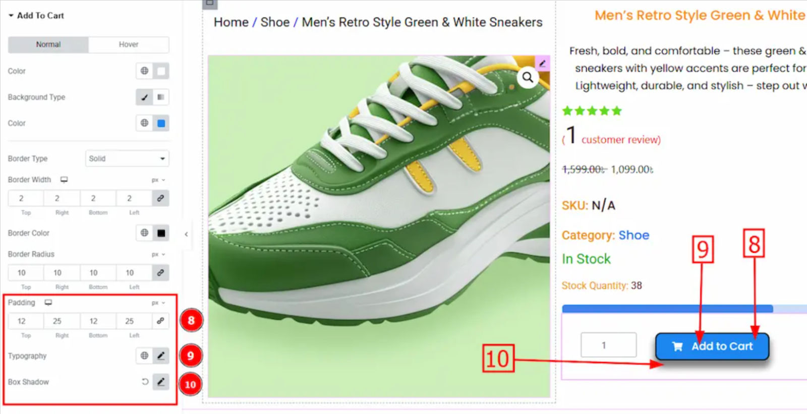 icon and typography settings of add to cart button