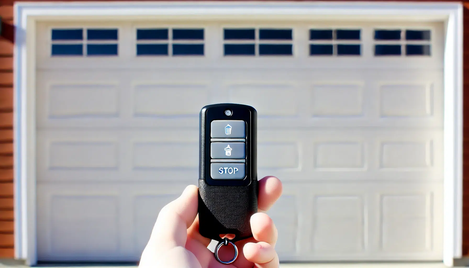 A person holding a black remote control with buttons labeled for opening, closing, and stopping a garage door, with a white garage door featuring decorative windows in the background