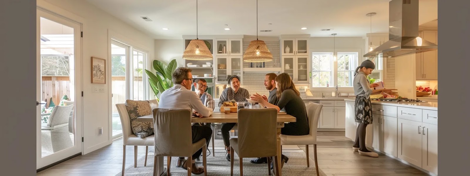 a photo of a homeowner sitting at a table surrounded by multiple real estate agents, each engaged in conversation and showing off their marketing strategies and plans.