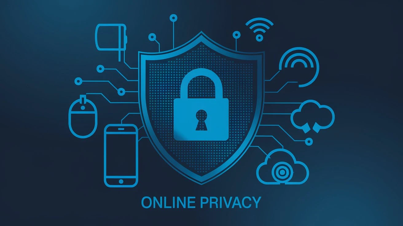 A digital shield with a lock icon and various tech symbols, representing the concept of online privacy in the digital age.