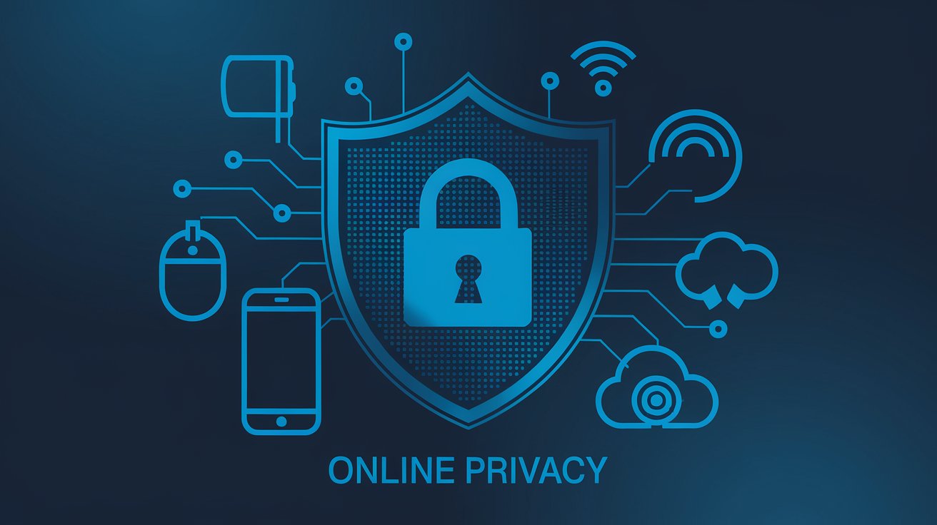 A digital shield with a lock icon and various tech symbols, representing the concept of online privacy in the digital age.