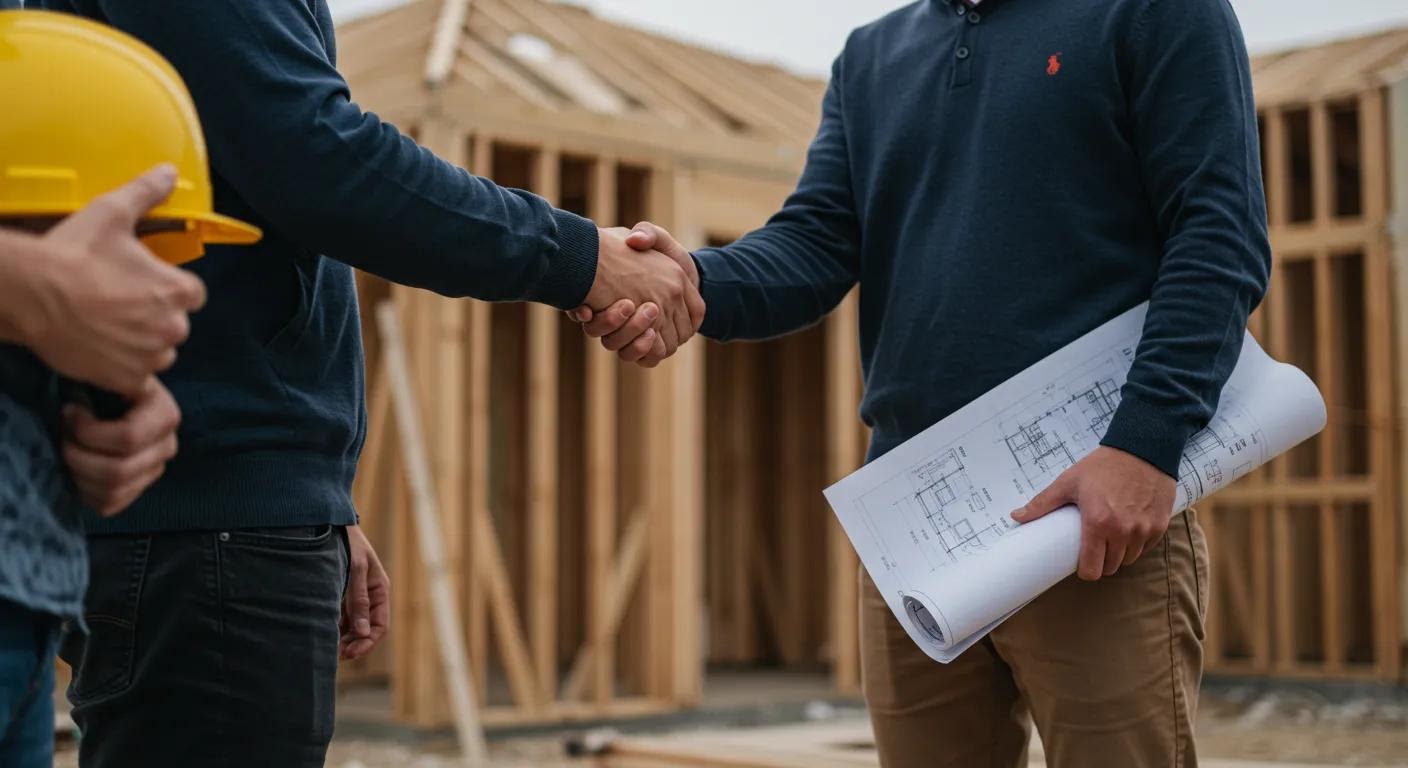 A homeowner and contractor shaking hands on‑site in front of a partially framed building, with architectural plans rolled under their arms.