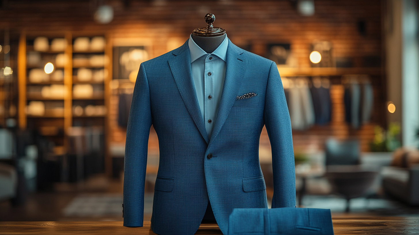 A neatly folded blue suit, its fabric smooth and crisp, placed on a sleek office table. The modern office background features soft lighting, clean lines, and a minimalistic design, creating a calm and confident ambiance.