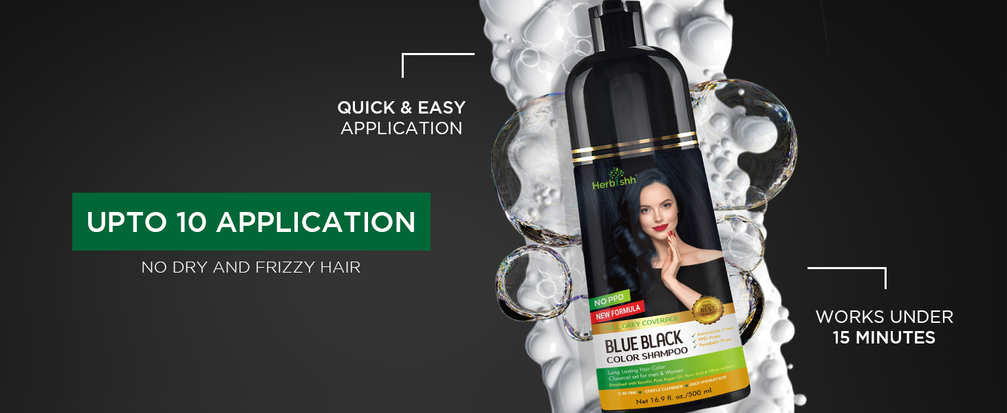 Herbishh PPD free hair color shampoo in blue black shade is quick and easy to apply